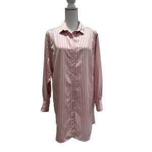 Natori Womens Size M Long Sleeve Button Front Satin Sleep Dress Pink Blue Stripe